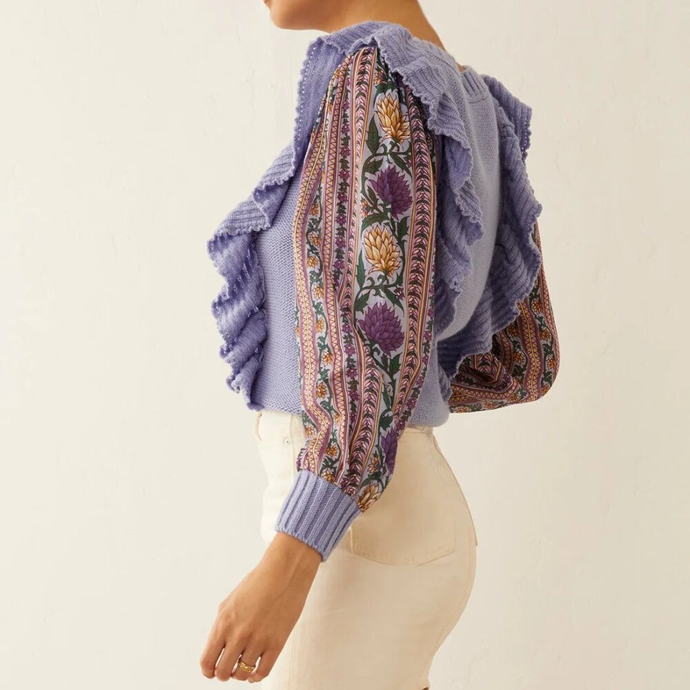 NWT Periwinkle Ruffle Cable knit Contrast Sleeve Sweater - Picture 2 of 5
